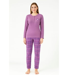 Kadın 05031 Uzun Kol % 100 Pamuk Raporlu İnterlok Pijama Takımı