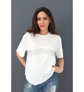T-shirt Bisiklet Yaka Zincir Detaylı - Ekru