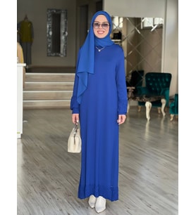 KOL UÇLARI İŞLEMELİ MERSERİZE ELBİSE (Saks)