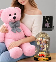 Muhteşem Set Pembe Peluş Ayıcık Kişiye Özel Led Işıklı Fanus ve Gerçek Ametist Taşlı Lotus Kolye (Model 6)