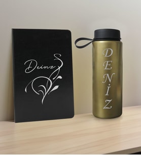 BK Gift Kişiye Özel İsimli Siyah Defter ve Gold Cam Matara Hediye Seti-6, Sevgiliye Hediye, Arkadaşa Hediye, Yeni İş Hediyesi