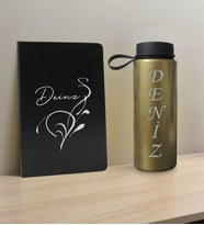 BK Gift Kişiye Özel İsimli Siyah Defter ve Gold Cam Matara Hediye Seti-6, Sevgiliye Hediye, Arkadaşa Hediye, Yeni İş Hediyesi