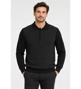 Erkek Polo Yaka Kendinde Desenli Triko Kazak 7561-Siyah