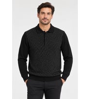 Erkek Polo Yaka Kendinde Desenli Triko Kazak 7561-Siyah