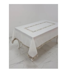 Nergis Jakar Bordürlü Keten Kumaş Krem Masa Örtüsü 160x230 Cm - 1136