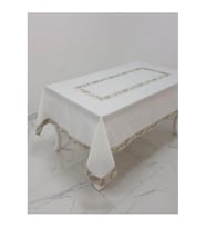 Nergis Jakar Bordürlü Keten Kumaş Krem Masa Örtüsü 160x230 Cm - 1136