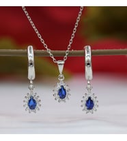 Lacivert Beyaz Taşlı Minimal Anturaj Damla Gümüş Kolye Küpe Takım