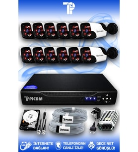 PICAM 12 Kameralı Panda 12 Dış Kamera Set 2 TB HDD Full HD Gece Görüşlü Güvenlik Kamerası Sistemi