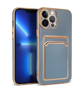 iPhone 13 Pro Max Kılıf Kartlıklı Kamera Korumalı Altın Kenar Tasarım Silikon (Mavi)