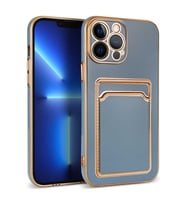 iPhone 13 Pro Max Kılıf Kartlıklı Kamera Korumalı Altın Kenar Tasarım Silikon (Mavi)