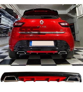 Renault Clio 4 Difüzör Arka Tampon Eki 2 Egzoz Çıkışlı Kırmızı Lüx Tip)