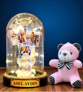 Sizlere Özel Led Işıklı Biblolu Fanus ve Pembe Peluş Ayıcıklı Anahtarlık (Model 2)