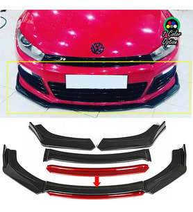 Vw Scirocco R Kırmızı Renkli Şeritli Dilli Ön Lip 4 Prç Parlak Siyah ABS