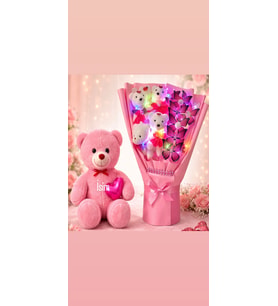 Anneler Günü’ne ,Sevgiliye ve Arkadaşa Özel LED’li Pembe Kelebekli Ayıcık Buketi & 25 cm Peluş Hediye Seti (Saks Mavisi)