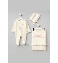 Kız Bebek % 100 Pamuk Natural Çiçek Nakışlı Dantel Detaylı 3'lü Hastane Çıkışı Seti STL7078 (Krem)