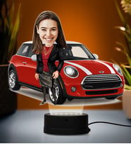 Doğum Günü Hediyesi,Sevgiliye Hediye, Kişiye Özel Fotoğraflı Mini Cooper Tasarımlı Kadın Karikatür 3D Led Lamba (Beyaz)