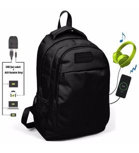 Coral High Siyah İlk ve Ortaokul Sırt Çantası - USB ve AUX Çıkışlı