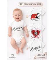 Atatürk İmzalı 3’lü Bebek Body Seti – %100 Pamuk, Kısa Kollu, Yenidoğan & Bebek Zıbın (0-24 Ay) (Beyaz)