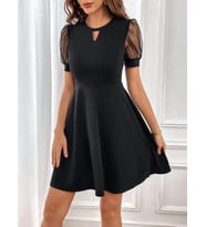 Kadın Kısa Tül Kollu Yuvarlak Yaka Damla Detaylı Kısa Ithal Krep Elbise