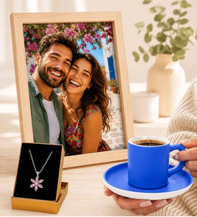 Kişiye Özel Fotoğraflı Hediye Seti Mavi Kahve Fincanı ve Pembe Lotus Kolyeli