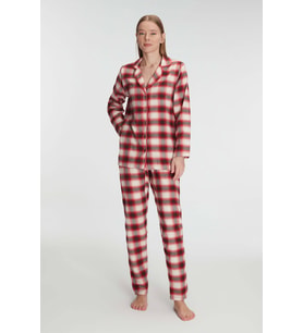 Kadın Kırmızı Uzun Kollu Ekose Desenli Önden Düğmeli Yaka Detaylı Pijama Takımı (Renksiz)