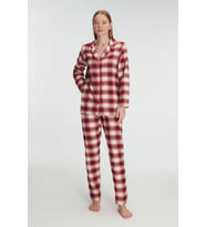 Kadın Kırmızı Uzun Kollu Ekose Desenli Önden Düğmeli Yaka Detaylı Pijama Takımı (Renksiz)