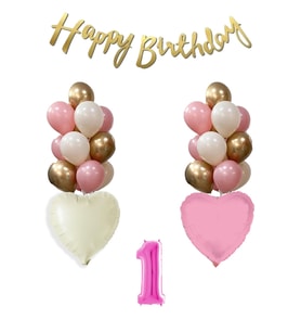 1 Yaş Pembe Doğum Günü Balon Seti 16inç Pembe Rakam Happy Birthday Bannerlı Set (01)
