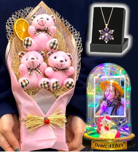 Size Özel Renkli Led Işıklı Fanus, Büyük Boy Ayıcık Buketi ve Gerçek Ametist Taşlı Lotus Kolye (Model 1)