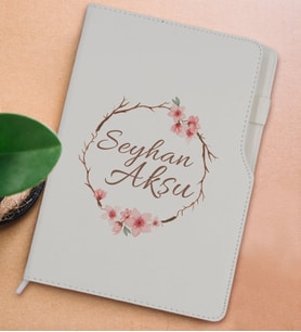 BK Gift Kişiye Özel Çiçek Tasarımlı Beyaz Termo Deri Not Defteri 15x21cm-5