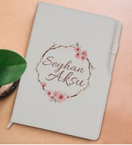 BK Gift Kişiye Özel Çiçek Tasarımlı Beyaz Termo Deri Not Defteri 15x21cm-5