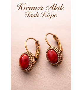Kadın Bakır Küpe Doğal Kırmızı Akik Taşlı 0tantik Model Saf Bakır Küpe
