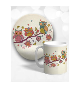 Renkli Baykuş Oval Bilek Destekli Mouse Pad Ve Kupa Bardak Seti