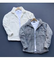 2 li Unisex Beyaz ve Gri Peluş Polar Hırka Gömlek (Beyaz-Gri)