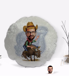 BK Gift Kişiye Özel Rodeo Karikatürlü Yuvarlak Dekoratif Kırlent Yastık-1