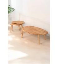 Asimetrik Masif Doğal Ahşap Orta Sehpa ve 2'li/3'lü Zigon Sehpa Set, Modern Masif Yan ve Orta Sehpa (Açık Meşe)