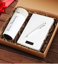 Kişiye Özel Beyaz Çelik Termos & Özel Tasarım Beyaz Defter & Beyaz Touch Pen Kalem Seti