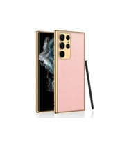 Samsung Galaxy S23 Ultra Uyumlu Kılıf Deri Görünümlü Kenarları Elektroplating Kaplama Zore Fizyon Kapak (Pembe)