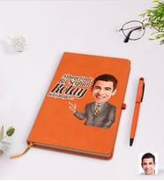 BK Gift Kişiye Özel Erkek Nihayetinde Karikatürlü Turuncu Termo Deri Defter Kalem Seti Model 2