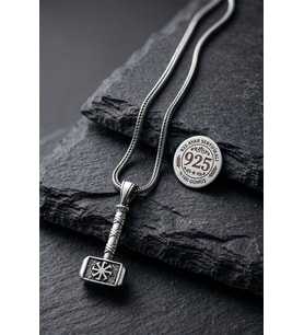 925 Ayar Gümüş Erkek Kolye - Oksitli Thor'un Çekici Mjolnir ve Kolovrat Sembollü Örgü Zincir