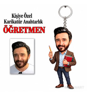 Kişiye Özel Kişiye Öğretmen Karikatür Anahtarlık Karikatürlü 8 cm MDF Anahtarlık - Öğretmen Hediyesi Öğretmene Özel Hediye