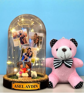 Size Özel Tasarlanacak Led Işıklı Fanus ve Pembe Peluş Anahtarlık Hediye Seti (Model 10)