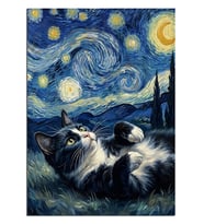 Yıldızlı Gecede Yatan Kedi Van Gogh Dekoratif Kanvas - Mdf Ahşap Tablo