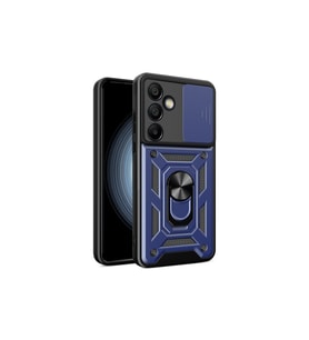 Teknomoda Samsung Galaxy S25 FE Kılıf Yüzüklü Standlı Sürgülü Kamera Korumalı Tank Sert Silikon Kapak (Lacivert)