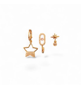 Özel Seri Taşlı Yıldız Üçlü Çelik Küpe (Gold)
