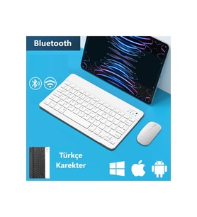 Xiao mi Pad 7 11.2" Tablet için Uyumlu Slim Şarjlı Türkçe Bluetooth Klavye / Mouse Seti (Beyaz)