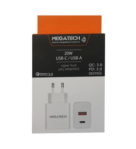 Megatech 20w Beyaz USB-C USB-A  Şarj Kafa QC:3.0-PD:3.0
