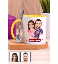 Sevgililere Romantik Hediye Karikatürlü Ahşap Altlıklı Sarı Kupa Bardak