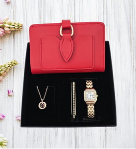 Trend Kırmızı Kadın Cüzdan & Metal Gold Kadın Saat & 100 Dilde Seni Seviyorum Kolye & Kadın Bileklik Hediye Seti