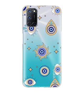 PrintiFy Oppo A92  ile Uyumlu 1mm Slim Fit Nazar Boncuğu 5 Baskılı Şeffaf  Kılıf