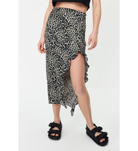 Moda Yırtmaçlı Animal Desen Günlük Maxi Boy Yırtmaçlı Volanlı Örme Etek